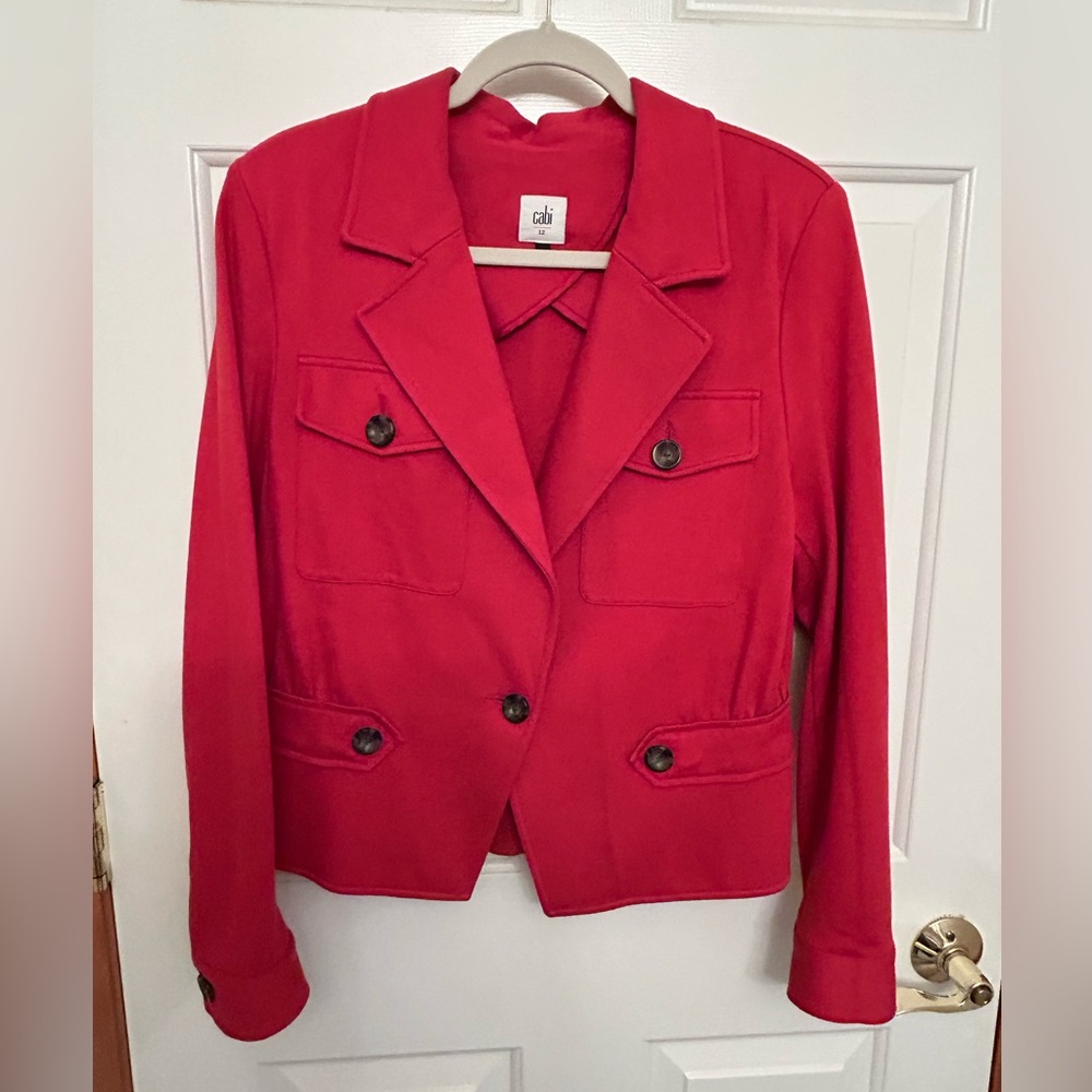 Cabi LRJ women’s red ponte jacket.
